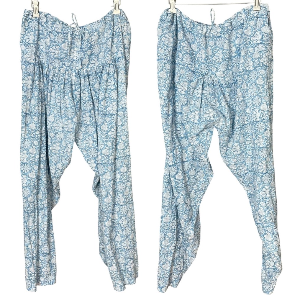 Fabindia Floral Salwar Pants Harem Cotton Women Sz Large Blue White Relaxed Fit